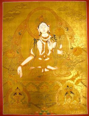 Full 24K Gold Style White Tara Thangka Painting | Original Hand-Painted Female Bodhisattva Art